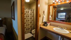 a bathroom with a sink and a toilet and a mirror at NRS Event Center & Guest Ranch in Decatur