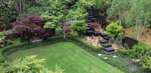 an aerial view of a garden with a lawn and stairs at Sequoia Steps in New Plymouth