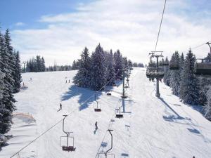 a ski lift with people skiing down a snow covered slope at Apartmaji Zlata Lisička in Cerkno