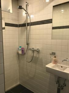 La salle de bains est pourvue d'une douche et d'un lavabo. dans l'établissement BnB chezlise, à Urnäsch