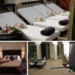 Un grupo de 4 camas en una habitación en Riad Dar Selen, en Marrakech