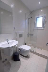 a bathroom with a toilet and a sink and a shower at Olivegrove House in Vourvourou +37 photos