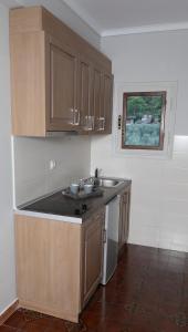 eine Küche mit einer Spüle und einer Arbeitsplatte in der Unterkunft Olivegrove House in Vourvourou