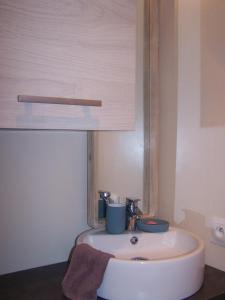 W łazience znajduje się umywalka i ręcznik. w obiekcie Le cheval bleu w mieście Larçay
