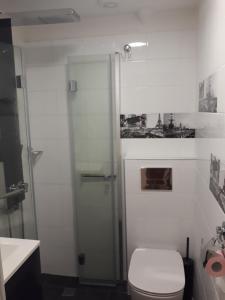 a bathroom with a toilet and a glass shower at Palm beach Cannes Azur in Cannes