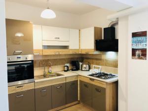 a kitchen with a sink and a stove top oven at Eme Apartments in Braşov
