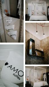 a collage of photos of a hotel room with a bed at AMO Folegandros in Karavostasi