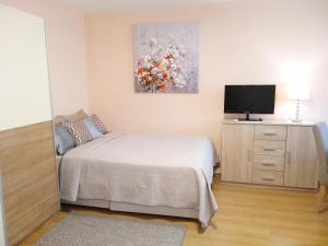 a bedroom with a bed and a television in it at Sunray Studio Apartment in Zagreb