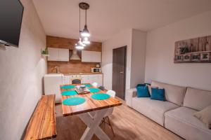 kuchnia i salon ze stołem i kanapą w obiekcie Horský Apartmán Klínovec Výhledy 1 w mieście Loučná pod Klínovcem