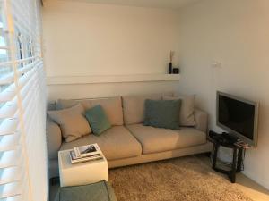 uma sala de estar com um sofá e uma televisão em Les abeilles em Knokke-Heist