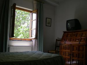 a bedroom with a bed and a television and a window at Hotel Puerta Romeros in Burgos