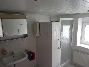 y baño blanco con lavabo y ducha. en Ländlich zentrale Ferienwohnung, en Lippetal