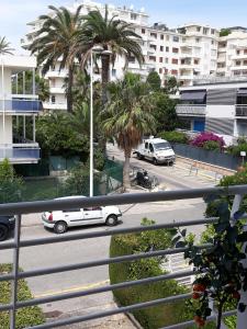 a white car driving down a street with palm trees at Palm beach Cannes Azur in Cannes