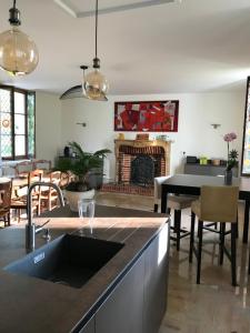 a kitchen with a living room with a fireplace at L'evidence in Bragny-sur-Saône