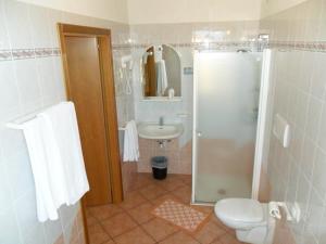 W łazience znajduje się prysznic, umywalka i toaleta. w obiekcie Hotel & Appartamenti Al Larice w mieście Ronzone