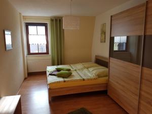 Schlafzimmer mit einem Bett und einem Fenster in der Unterkunft Ferienwohnung am Schwarzwasser in Schwarzenberg