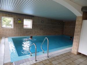 a person swimming in a large swimming pool at Ferienwohnung Waldblick Hauzenberg in Hauzenberg