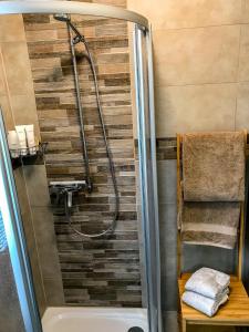 La salle de bains est pourvue d'une douche et d'une porte en verre. dans l'établissement Les Amandiers, à Montreux