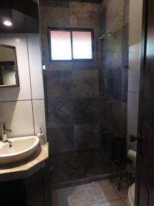 a bathroom with a shower and a sink at Villas las Palmas in Fortuna