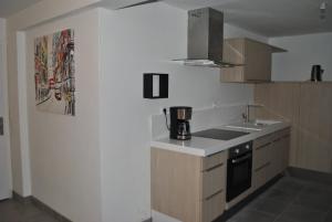 uma cozinha com um lavatório e comodidades para preparar café no balcão em appartements T2 ou T3 idéalements situés em Brech