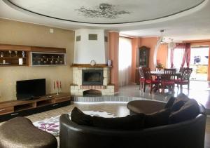 a living room with a couch and a fireplace at Casa Borza in Alba Iulia +44 photos
