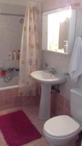 łazienka z umywalką, toaletą i zasłoną prysznicową w obiekcie VILLA SUNSET 1 w mieście Paralia Vrachou