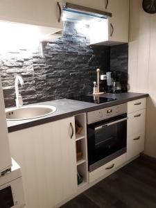 eine Küche mit einer Spüle und einer Arbeitsplatte in der Unterkunft Chelsea Karusselli 3 Apartment in Pärnu