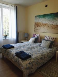 a bedroom with a bed with blue pillows on it at La Garde Chambres d'hôtes in Charancieu +21 photos