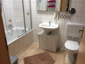 ein Bad mit einem Waschbecken, einem WC und einer Dusche in der Unterkunft Haus 32 in Wismar