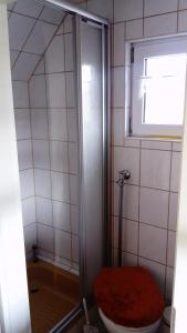 La salle de bains est pourvue d'une douche et de toilettes avec un siège rouge. dans l'établissement Ferienunterkünfte Wesenberg, à Wesenberg