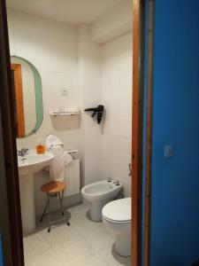 オヨス・デル・エスピーノにあるLa Puente 10 de Gredosのバスルーム(トイレ、洗面台、鏡付)