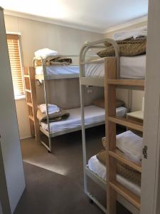 a room with several bunk beds in a dorm room at Pleasurelea Tourist Resort & Caravan Park in Batemans Bay