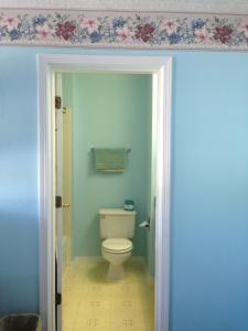 baño con aseo y pared azul en Sweet Breeze Inn Grants Pass, en Grants Pass