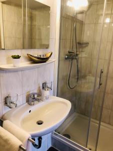 a bathroom with a sink and a shower at Pension Holzgarten in Regensburg