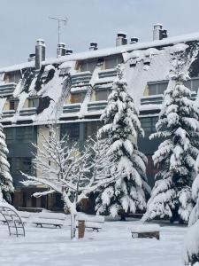 una cubierta de nieve Edificio con bancos y árboles nevados en Pistas Esqui La Molina Masella, en La Molina