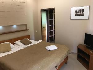 um quarto com 2 camas e uma televisão em APARTAMENT 304 Willa Port em Ostróda