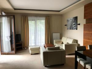 uma sala de estar com um sofá e uma televisão em APARTAMENT 304 Willa Port em Ostróda