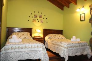 two beds in a room with green walls at Casa Rural La Xiarapina in Serrapio