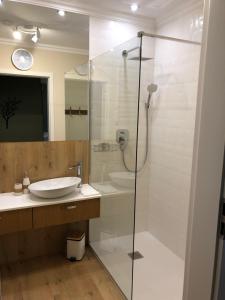 a bathroom with a glass shower and a sink at Aqua Apartments in Reda +1 photo