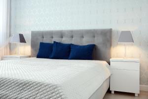 コウォブジェクにあるApartamenty NAVIGATOR-Bliżej Morza 94のベッドルーム(青い枕の大きな白いベッド付)