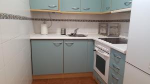 Elle comprend une petite cuisine avec des placards bleus et un évier. dans l'établissement Apartamenticos Boggiero II, à Saragosse