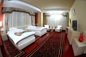 a hotel room with two beds and a television at Hotel New Star in Skopje