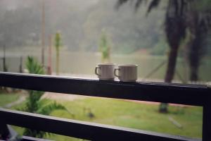 deux tasses à café assises sur un rebord de fenêtre dans l'établissement Hotel Khalsa -Lake View, à Pachmarhī