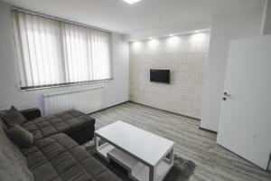 uma sala de estar com um sofá e uma mesa em Kristal Apartmani em Arandjelovac