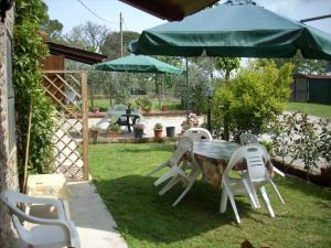 モンテカルロにあるCorte Pincioneの庭の傘下のテーブルと椅子