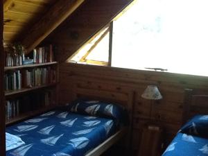a bedroom with a bed and a window and a book shelf at El Aleph in Villa La Angostura