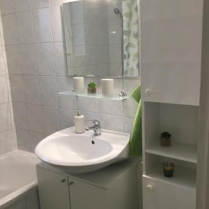 a white bathroom with a sink and a mirror at Sulzberg in Lahr