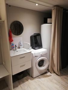 een kleine badkamer met een wasmachine en een wastafel bij Gîte ''Le nid de Bouly'' in Martres-de-Veyre