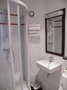 baño blanco con ducha y lavamanos en Enzo Hotel Mulhouse Sud Morschwiller By Kyriad Direct, en Morschwiller-le-Bas