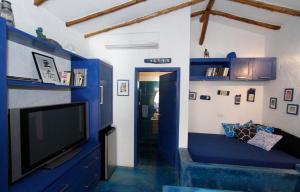 um quarto azul com uma televisão e um sofá em StevieWonderLand Playa El Yaque em El Yaque